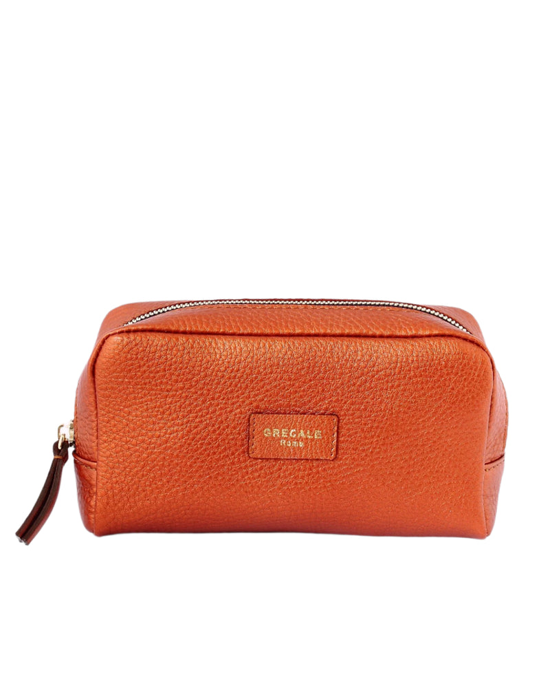 Unlined Cosmetic Case-Orange Metallic Leather